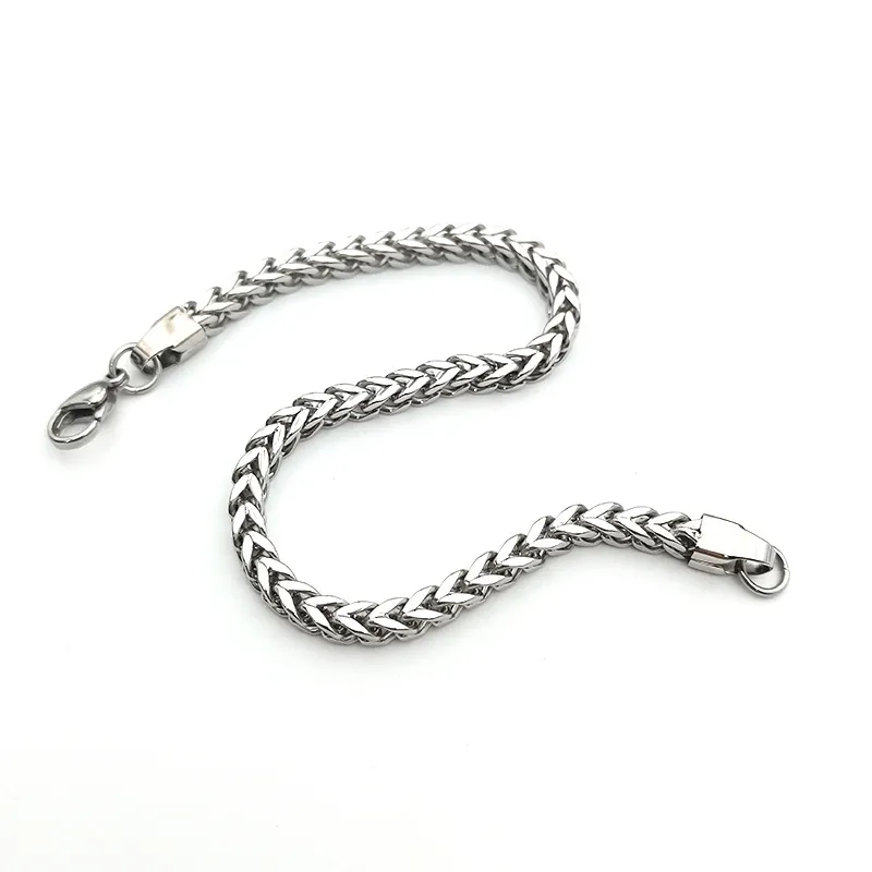 A stainless steel wheat chain bracelet with a polished silver-tone finish and lobster clasp, displayed against a white background.