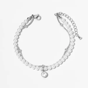Stainless steel pearl bracelet with a crystal pendant, displayed on a clean white background for a sleek and elegant presentation.