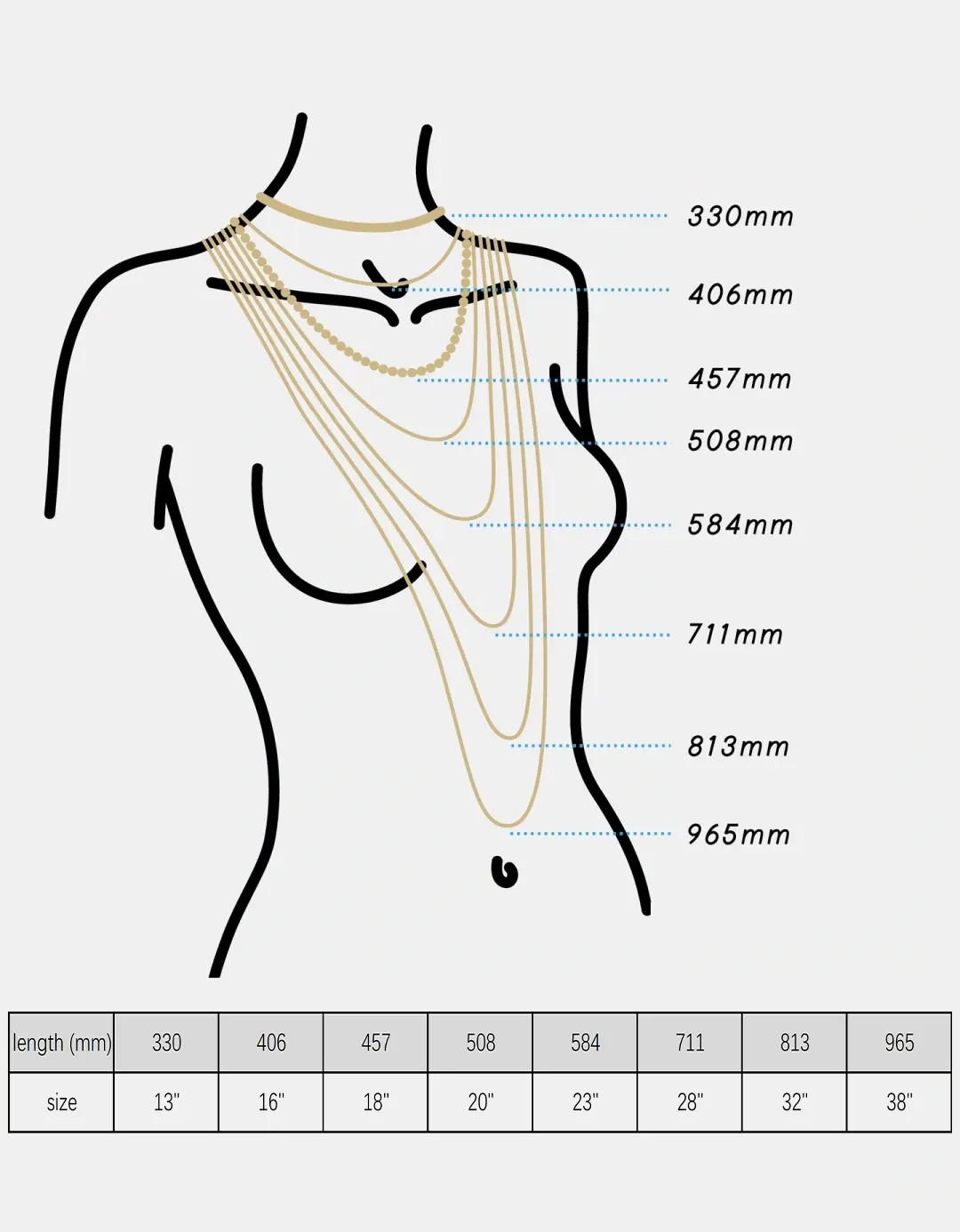 A necklace size guide chart displaying chain lengths from 330mm to 965mm (13" to 38") with an illustrated diagram showing how different lengths fall on the body, accompanied by a measurement table.