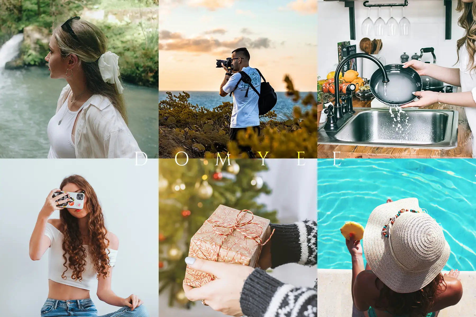 Shows the application scenes of waterproof jewelry, such as hiking, photography, housework, swimming, gift giving, etc.