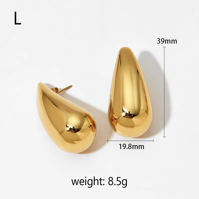 Gold stainless steel teardrop earrings, L size, 39mm in length, and 8.5g weight, offering an elegant and bold design for a striking look.