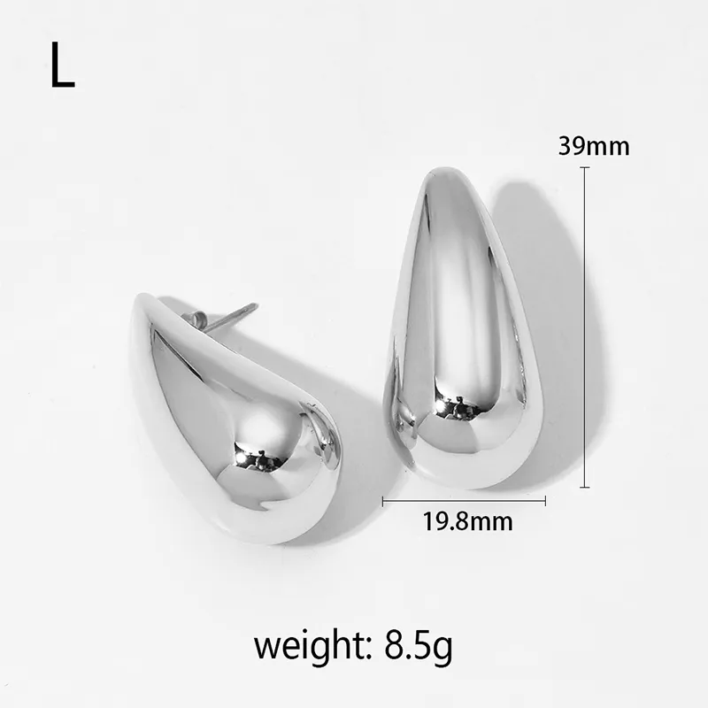Silver stainless steel teardrop earrings, L size, 39mm in length, and 8.5g weight, offering an elegant and bold design for stylish looks.