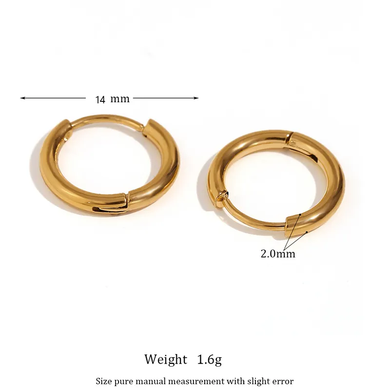 Gold 14mm hoop earrings, lightweight and durable with a sleek design.