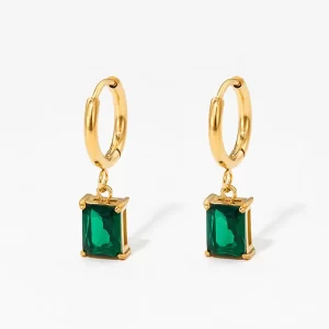 Gold hoop earrings with a green rectangular cubic zirconia stone, elegant and modern design.