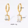 Gold hoop earrings with a rectangular clear stone charm, dimensions listed for the stone and hoop.