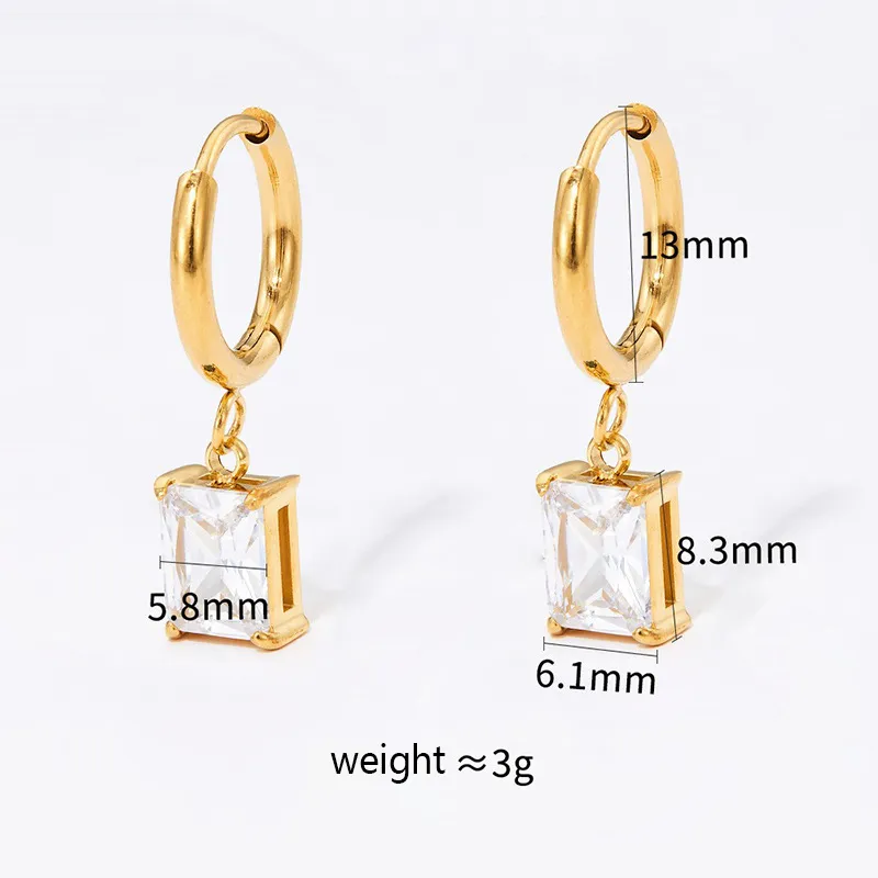 Gold hoop earrings with a rectangular clear stone charm, dimensions listed for the stone and hoop.