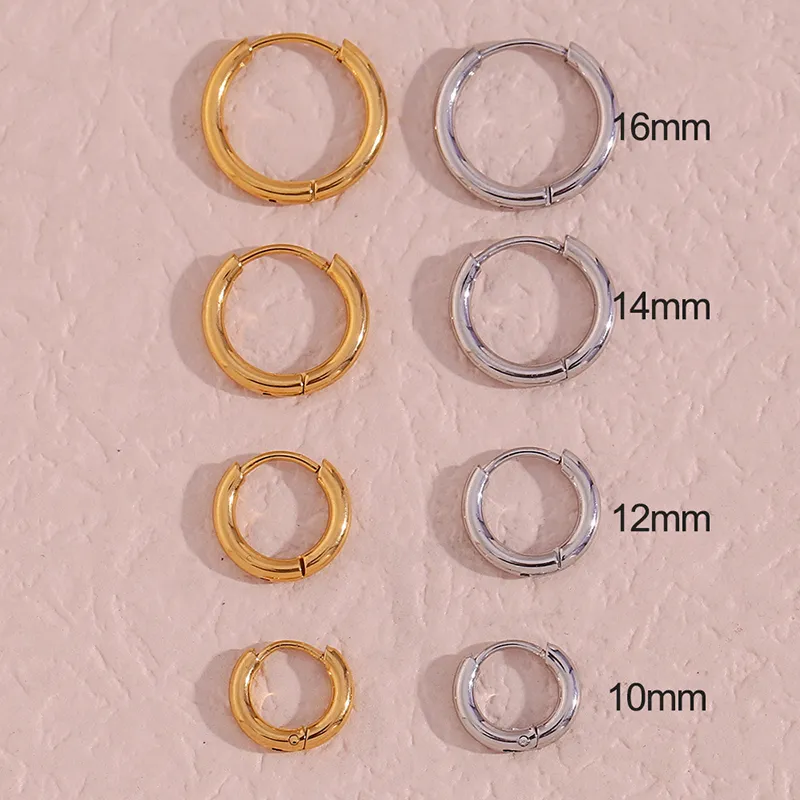 Gold and silver hoop earrings set in various sizes (10mm, 12mm, 14mm, 16mm) for customizable, layered style.