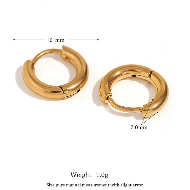Gold hoop earrings, 10mm size, lightweight and durable with waterproof and color-resistant properties.