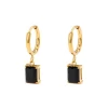 Gold hoop earrings with rectangular black onyx stone pendant, elegant and timeless design.