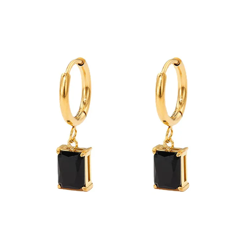 Gold hoop earrings with rectangular black onyx stone pendant, elegant and timeless design.