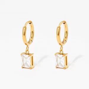 Gold hoop earrings with rectangular clear stone pendant, lightweight and stylish design.
