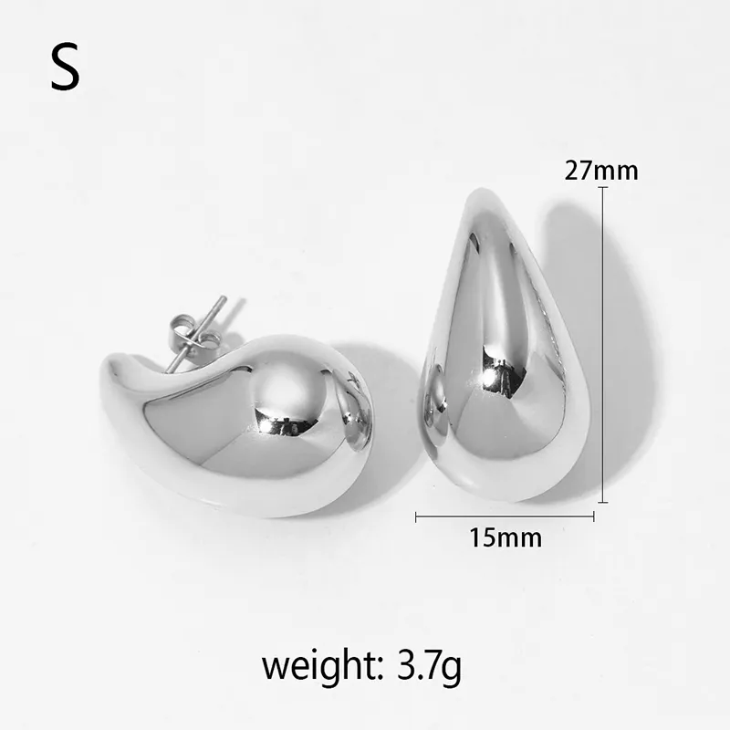 Silver stainless steel teardrop earrings, S size, 27mm in length, and 3.7g lightweight, offering a sleek and modern design.