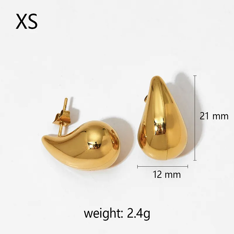 Gold stainless steel teardrop earrings, XS size, 21mm length, and 2.4g lightweight, offering a modern and minimalist style.