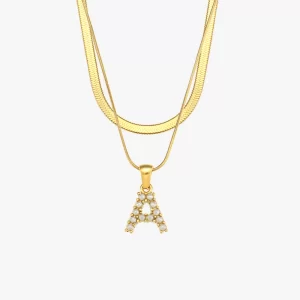 18K gold-plated double-layered necklace with a letter "A" pendant adorned with pearls, shown on a white background for an elegant display.