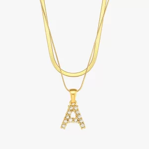 18K gold "A" initial necklace with zircon crystals, double chain design, waterproof and fade-resistant.