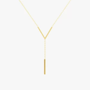 A close-up of a minimalist 18K gold-plated Y necklace with a geometric bar drop, displayed against a clean white background.