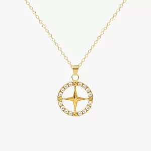 18K gold-plated compass pendant necklace with a North Star design, adorned with sparkling stones, waterproof, tarnish-resistant, and stylish.