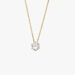 A close-up of an 18K gold-plated solitaire pendant necklace with a cubic zirconia stone, displayed against a white background.