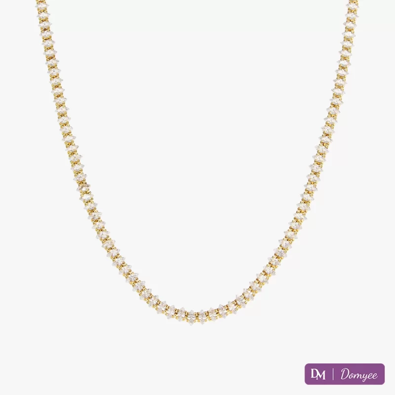 18K gold necklace with marquise-cut cubic zirconia stones on a fade-resistant chain, white background, "DM Domyee" watermark at bottom right