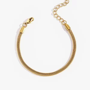 A gold herringbone bracelet with an adjustable chain and lobster clasp, displayed against a white background, highlighting its sleek and polished design.