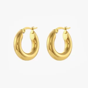 A pair of polished gold hoop earrings with a sleek, smooth design.