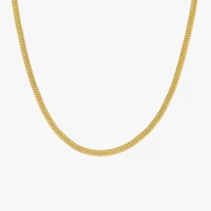 A close-up image of a gold herringbone chain against a white background, showcasing its smooth and flexible design.