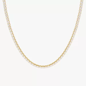 An 18K gold tennis necklace featuring a row of sparkling cubic zirconia stones, elegantly designed for a timeless and sophisticated look.