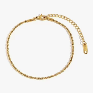 A gold rope chain bracelet with a polished finish, featuring an adjustable extender and a secure lobster clasp, displayed against a white background.