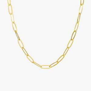 A close-up of a gold paperclip chain necklace displayed against a white background, showcasing its minimalist and elegant design.