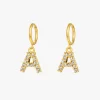 Gold hoop earrings with 'A' alphabet pendant, adorned with AAA zircon stones for a personalized and elegant look.