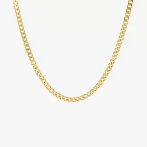 A gold Cuban link chain is displayed against a white background with a subtle reflection, showcasing its sleek and elegant design.
