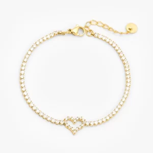 Gold heart-shaped crystal bracelet with sparkling crystals and an adjustable chain, offering elegance and a perfect fit for every occasion.