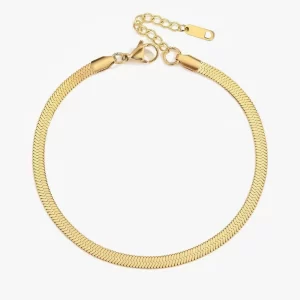 Gold herringbone chain bracelet with adjustable clasp, sleek and modern design.