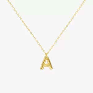 Close-up of a gold balloon-style letter "A" pendant necklace with a delicate chain, designed to be waterproof and tarnish-resistant.