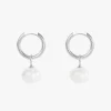 A pair of stainless steel hoop earrings with white pearl drops, designed to be waterproof and tarnish-resistant.