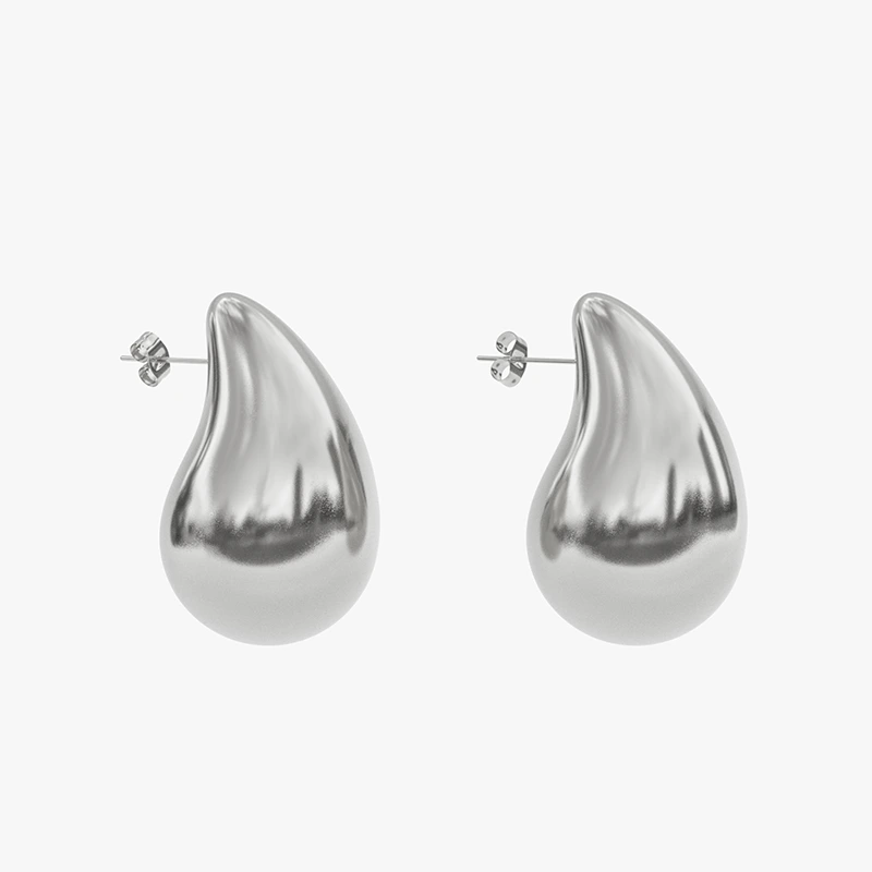 Stainless steel silver teardrop stud earrings with polished finish.