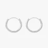 Close-up of silver hoop earrings with a sleek, polished design, ideal for everyday wear.