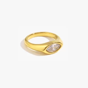 Gold ring with marquise-cut stone, elegant and timeless design.