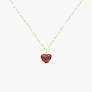 18K gold necklace with a heart-shaped red agate pendant, featuring a delicate chain and a timeless design.