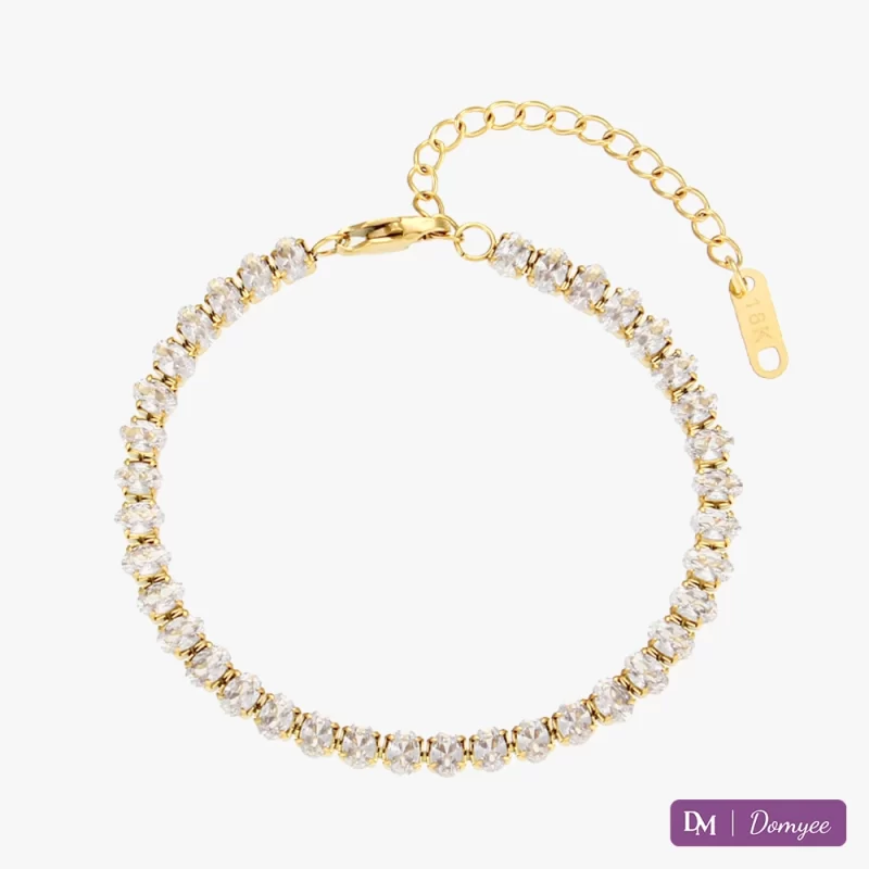 18K gold bracelet with oval cubic zirconia stones, waterproof, fade-resistant, and hypoallergenic design.