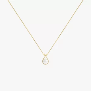 Gold necklace with a pear-shaped pearl pendant, highlighted by small sparkling stones around the pearl, resting on a smooth gold chain.