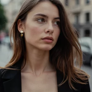 A woman with wavy brown hair wearing 18K gold-plated pearl and heart drop earrings, styled with a black blazer against an urban street backdrop.