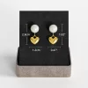 A pair of 18K gold-plated pearl and heart drop earrings displayed on a black jewelry stand with size measurements, showcasing their elegant and delicate design.