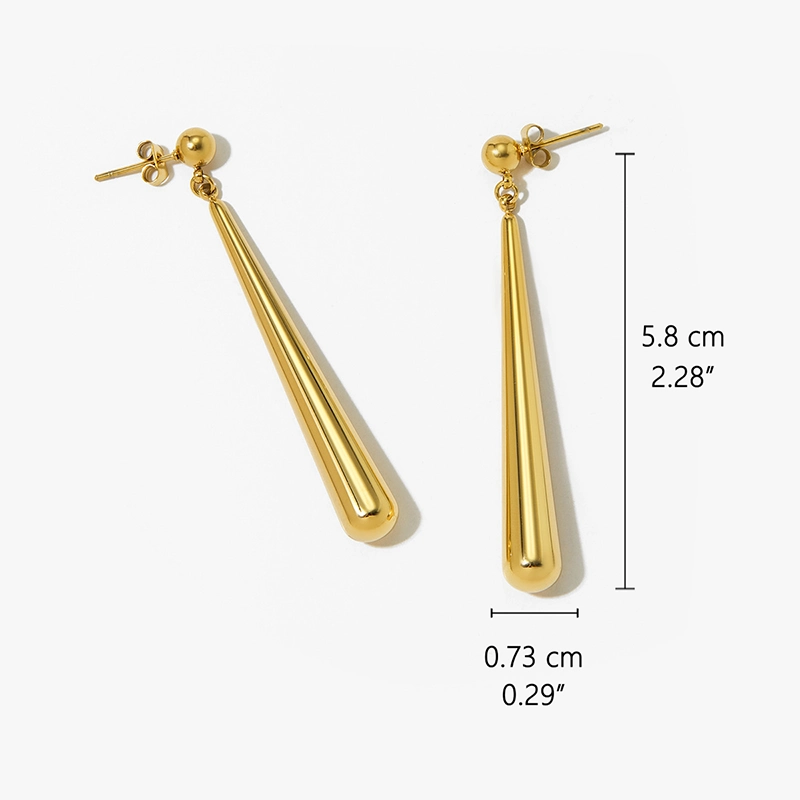 Close-up of gold geometric drop earrings with a sleek, elongated design, measuring 5.8 cm in length and 0.73 cm in width.
