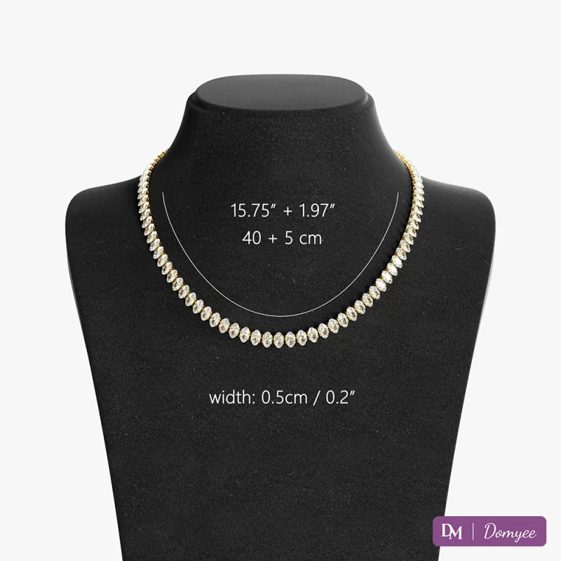 18K gold necklace with oval-cut cubic zirconia stones on a black bust model, adjustable chain length (15.75"+1.97") and 0.5cm width