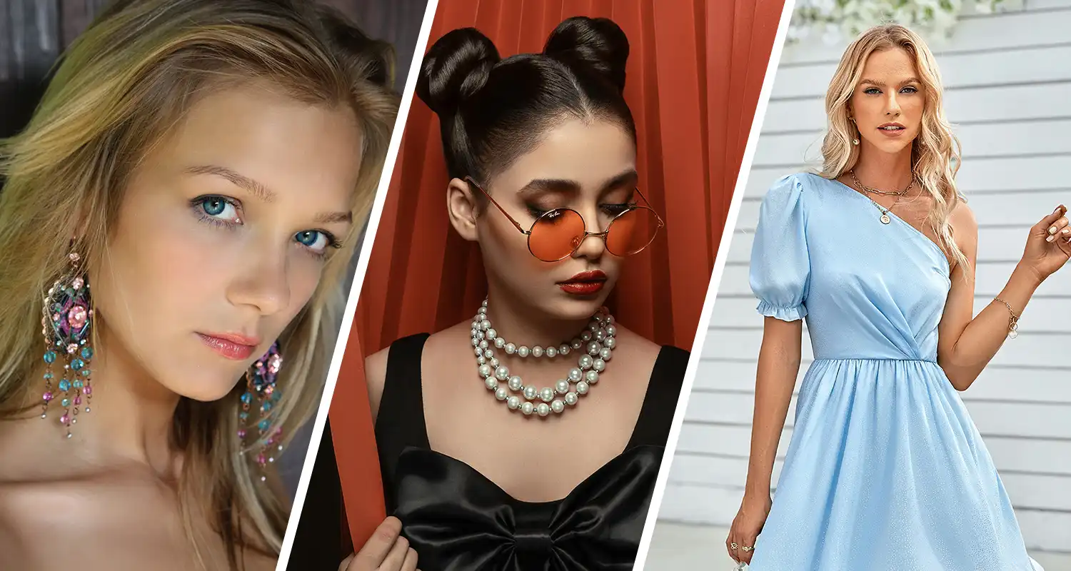 Fashionable girls show different styles of outfits with different jewelry, including earrings, necklaces, bracelets, etc.